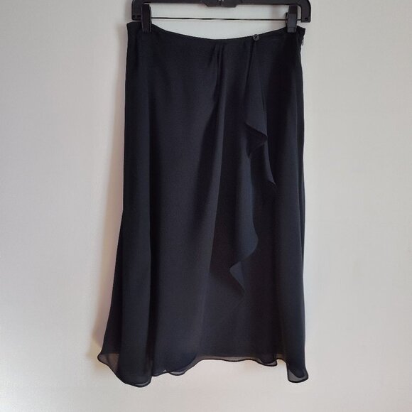 Ladies SZ 6 Jones New York Black Cascade Ruffle Faux Wrap Silk Skirt - Picture 1 of 4